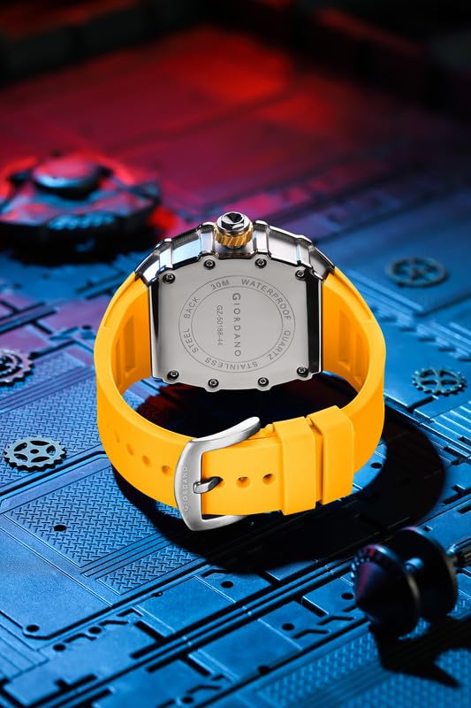Image of Giordano Analog Skeleton Dial Watch for Men - Tonneau Case, Silicone Strap, Open-Gear Sport Design, Quartz Movement