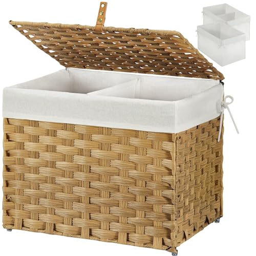 GREENSTELL Storage Basket with Lid, 9.2 Gallon(35L) Small Wicker Storage Basket with Handles, Foldable, 2 Removable Liner Bags, Metal Frame, for Bedroom, Laundry Room, Natural,15.7