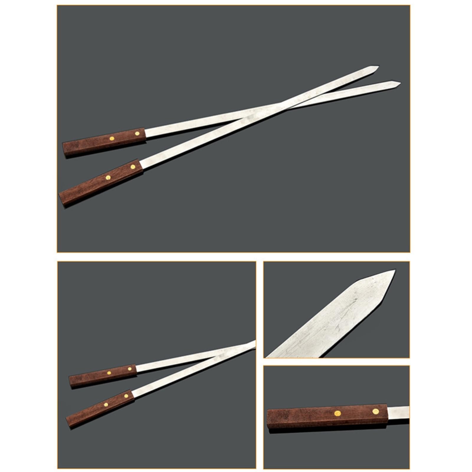 Brochetas de acero inoxidable, 5 brochetas planas inoxidables reutilizables con mango de madera