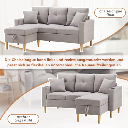 Arhatreya 3 Sitzer L-förmiges Sofa Gästesofa Modern Couch, 3er Sitzsofa mit Getränkehalter und Kissen, Polstersofa mit Stauraum für Wohnzimmer, Schlafzimmer, Wohnung, Gästezimmer, Hellgrau – Bild 7