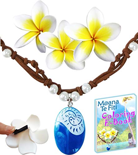 MOANA NECKLACE - Heart of Te Fiti For Girls | Includes 3 Flower Hair Clips...