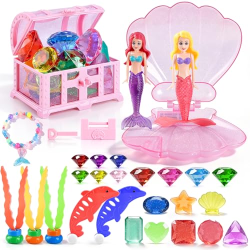 LullaBlock Pool Diving Toys for Kids Ages 4-8 8-12, 31 Pcs Shell Mermaid Pool Toys & Treasure Chest Toys & Diving Gems, Fun Summer Swim Party Gifts...