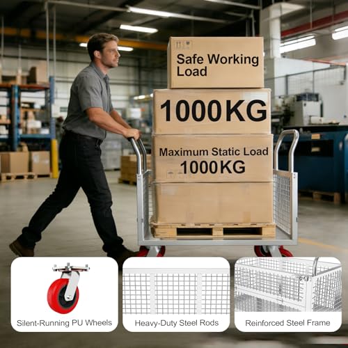 MediHoist 5-in-1 Schwerlast Plattformwagen 112x71cm, 1000kg Traglast Transportwagen mit 15cm Geräuschlosen Rädern, Klappbarer Rollwagen für Lager/Logistik/Supermarkt, Silber