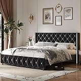 HOMBCK King Size Bed Frame Black, Velvet Upholstered Bed Frame King with Diamonds Tufted...