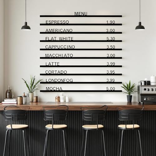 Black Wood Tone Wall Menu Board - Letter Display Wall Shelf - Letter Shelf Menu - Changeable Letter Board (Set of 10 Rails + 605-Letter Set)