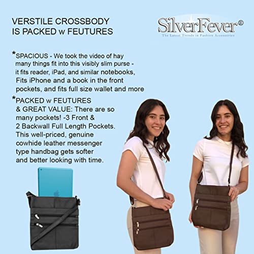 SILVERFEVER Women’s Leather Large Crossbody Travel College Students Indie Style Handbag Water Resistant Genuine Pure Cowhide Black Shoulder Purse4