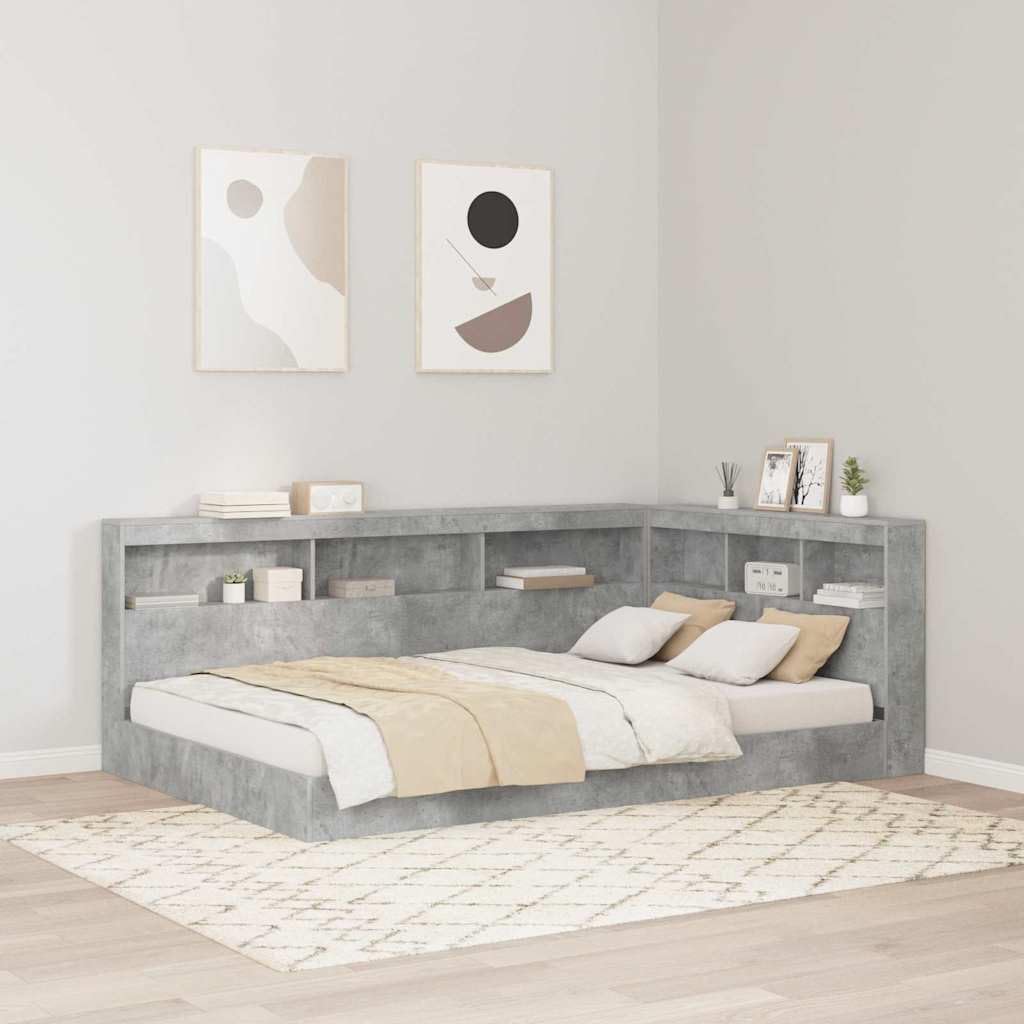 Zagłówek do przechowywania, betonowy, szary, z materiału drewnopochodnego ze stalową ramą 207,5 x 137,5 x 76,5 cm, do sypialni, miejsce do przechowywania i zintegrowana stacja ładująca