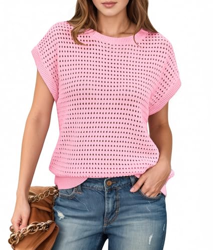 LCXWFE Womens Summer Crochet Sweaters Knit Cap Sleeve Shirts Casual Crewneck Top2