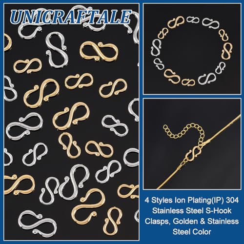 UNICRAFTALE 40Pcs 2 Color 2 Size S-Hook Clasps Stainless Steel Bracelet Clasps Gold Necklace Hook Fastener Clasp S Hook Clasp Connectors S Wire Hooks for Jewelry Making