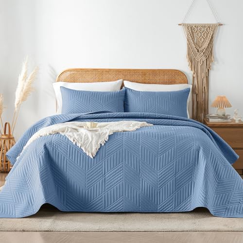 Davulos Twin Quilt Bedding Set,Bluish Grey Ultrasonic Quilt Set Reversible Microfiber Bedspread,Lightweight Soft Modern Geometric Coverlet Set for All Seasons(1 Quilt,1 Pillow Sham)