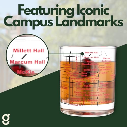Image of Greenline Goods Miami University RedHawks Whiskey Glasses Set of 2, 10 oz Rocks Glasses with Full-Color Logo & Campus Map - Officially Licensed Bourbon Glass Gift for Alumni & Fans