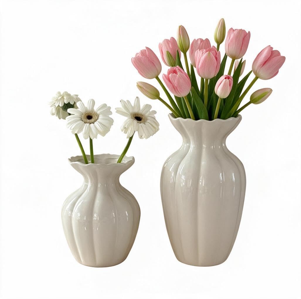 Weiße Geriffelte Keramikvasen 2er Set mit Wellenrand | Hoch & Kurz, Glänzende Oberfläche, Für Schnittblumen, 24,5 cm & 17,5 cm, Tischdekoration