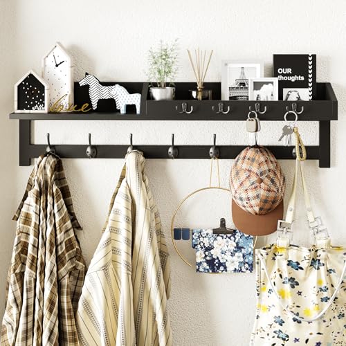 Image of AMBIRD 35 inch Wall Hooks with Shelf, Coat Rack Wall Mount, Large Coat Hanger for Wall, Entryway Shelf with 7 Dual Coat Hooks, 4 Key Hooks and Mail Organizer, Wooden Key Holder Rack (Black)
