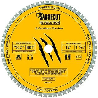 1 x SabreCut SCCSM305_60 305mm 60T x 30mm 25.4mm 20mm 16mm Bore Multi-Material Metal Wood Plastic Circular Saw Blade Compatible with Bosch Dewalt Makita Milwaukee and Many Others