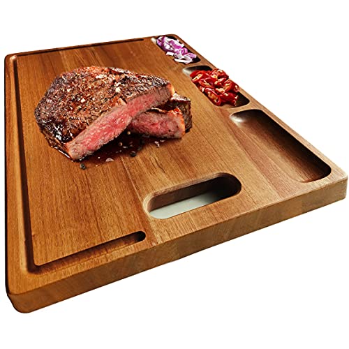 NIUXX Grande planche à découper en bois avec rainures pour jus, planche à découper en acacia organique épaisse avec poignée, plateau de service réversible pour hacher la viande, les légumes, le pain Cover