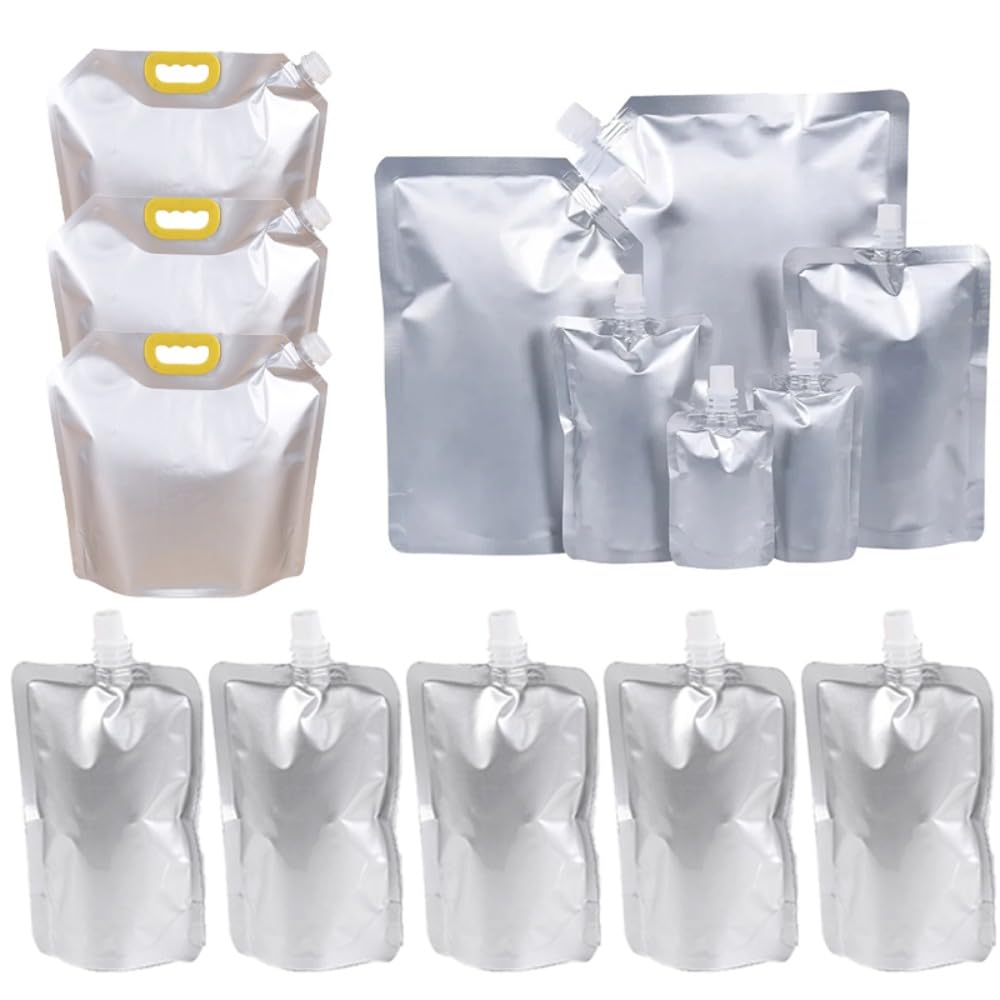 30pcs Oblique Aluminum Foil Plastic Spout Bag Stand Up Packaging Pouches 50ML-10L Reusable Liquid Bag Portable Gray for Beer Juice Beverage Storage (