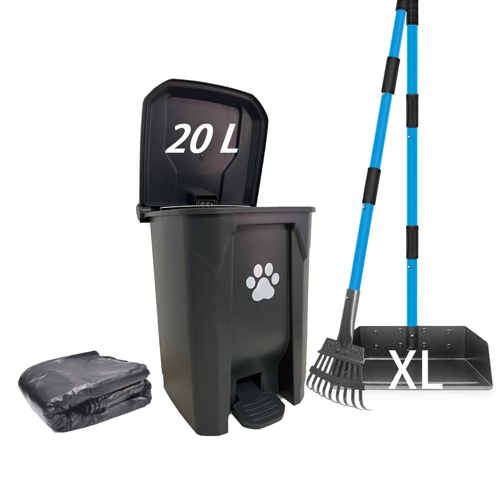 Dog Poop Trash Can for Outdoors with Extra Large Pooper Scooper & 50 Waste Bags - 20 L/5 Gallon Dog Poop Trash Can with Lid and Removable Inner Bucket -Metal Rake Tray for Large Medium Small Dogs