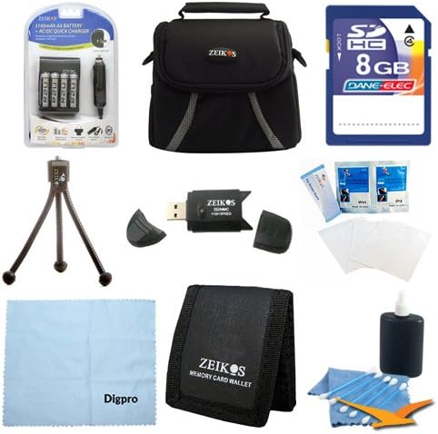 Digital Camera 9 pc Kit AA Rechargeable Batteries & Charger 8GB SD Card & USB Reader, Table-top Tripod, Deluxe Gadget Bag, Memory Card Wallet, Micro Fiber Cloth Lens Cleaning Kit Nikon Canon FujiFilm