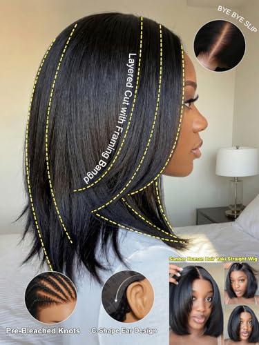 Image of Sunber Yaki Straight Bob Layered Cut with Face Framing Layers 7X5 Lace Part Bob Wig Human Hair Bye Bye Slip Glueless Wig with Silicone Strips Drawstring 180% Density Bleached Knots Pre Plucked 12inch