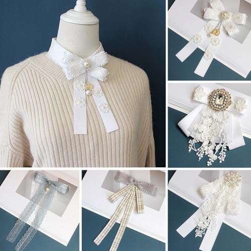 Image of Lace Ribbon Bow Tie Brooch Rhinestone Pearl Necktie for Girl Women Fashion jabot collar brooch pins Pre-Tied Corsage