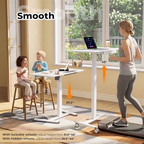 Image of Mobile Standing Desk with Drawer, 40 inch Small Standing Desk with Cup Holder, Rolling Laptop Workstaion on Wheels, Height Adjustable Table with Storage for Home Office, White