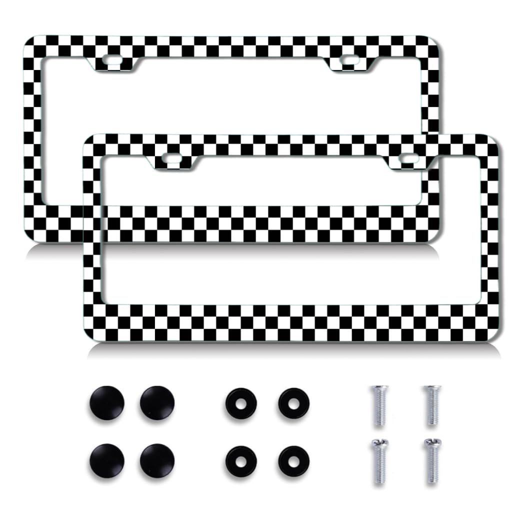 2pcs License Plate Frame Black White Check Pattern Aluminum Alloy License Plate Covers Comes with Screw caps Cover Set