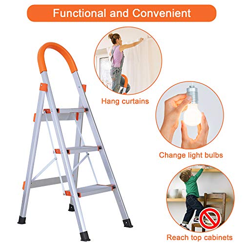 LUCKYERMORE Portable Step Ladder 3 Step for Adults, Sturdy Aluminum 3 Step Stool with Handgrip for Kitchen, 220lbs Capacity