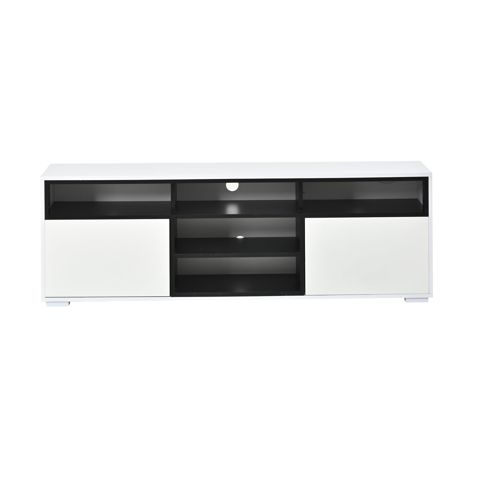 Mueble bajo para TV de alto brillo de 150 x 35 x 50 cm, con espacio de almacenamiento, 2 puertas, 8 almacenes, color blanco