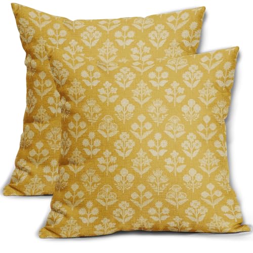 Sivirary Yellow Floral Block Print Pillow Covers 20x20 Inch Set of 2, Vintage Flower Pattern Decorative Throw Pillowcases Outdoor Farmhouse Cushion Covers Spring Summer Rustic Sofa Couch Bed Decor