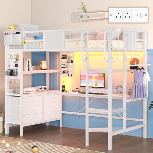 Image of Dnxao Loft Bed Twin Size with L-Shaped Desk, Heavy-Duty Metal Twin Loft Bed with 5 Storage Drawers, LED Lights & Charging Station, Reinforced Stable Structure for Small Room Dorm Apartment, White