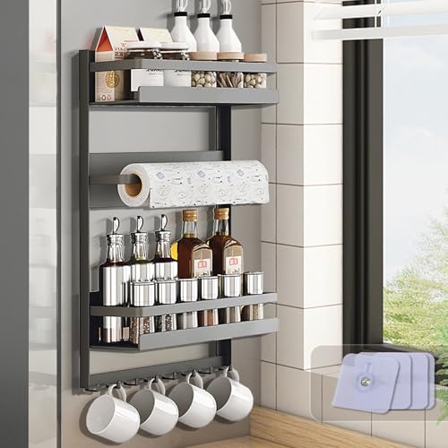 Loodkyoo Magnetic Spice Rack For Refrigeratorwith 8-Hook?Magnetic Paper Towel Holder ?with Strong Adhesion, Rust-Proof & Space-Saving Design for Kitchen, Bathroom