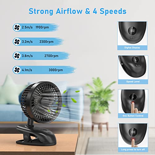 Faraday Clip On Fans Portable 5” Personal Fan 3600Mah Battery Powered 360°Rotation Small Usb Desk Fan For Baby Crib Treadmill Camping Traveling, Black, 4 Speed,Led Display #TOP3