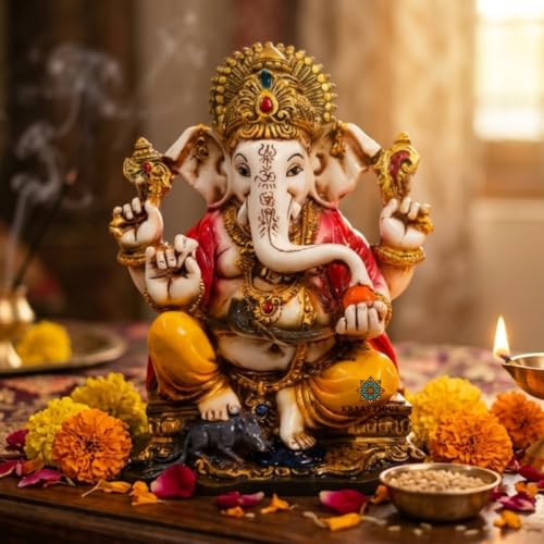 Image of Ganpati Religious Statue Idol Ganesh Murti Home Decor for Puja Marble Dust Lord Ganesha 7 Inch Statue for Home Decor Mandir Temple Office Gift (18CM)