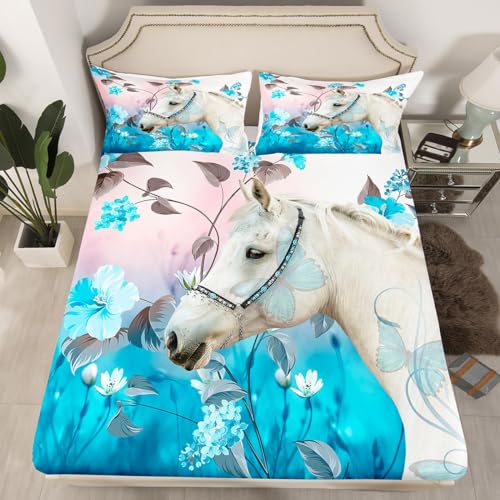 Image of White Horse Animal Bed Sheet Set 4 Piece,Fantasy Butterfly Wildlife Sheets Full Size Bed Set,Blue Flowers Rustic Bedding Set with Flat,Fitted Sheet,2 Pillow Cases