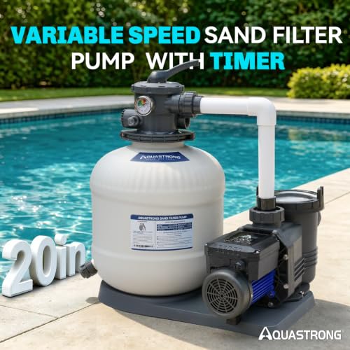 Image of AQUASTRONG 20in Sand Filter Pump with Timer, 2 HP Variable Speed Pool Pump for Pools Up to 42000 GAL, 10566 GPH, 220V, 6-Way Valve Pool Filter, Energy Efficient, Powerful Self-Priming