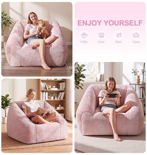 Image of Hobestluk Bean Bag Chair Plush Cozy Chair Armrest Living Room Adult Pink