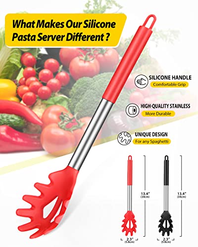 Pack Of 2 Silicone Pasta Fork, Kitchen Heat Resistant Noodle Spoon Server, Bpa Free Spaghetti Strainer,Best Cooking Tools (Black -Red) #TOP1