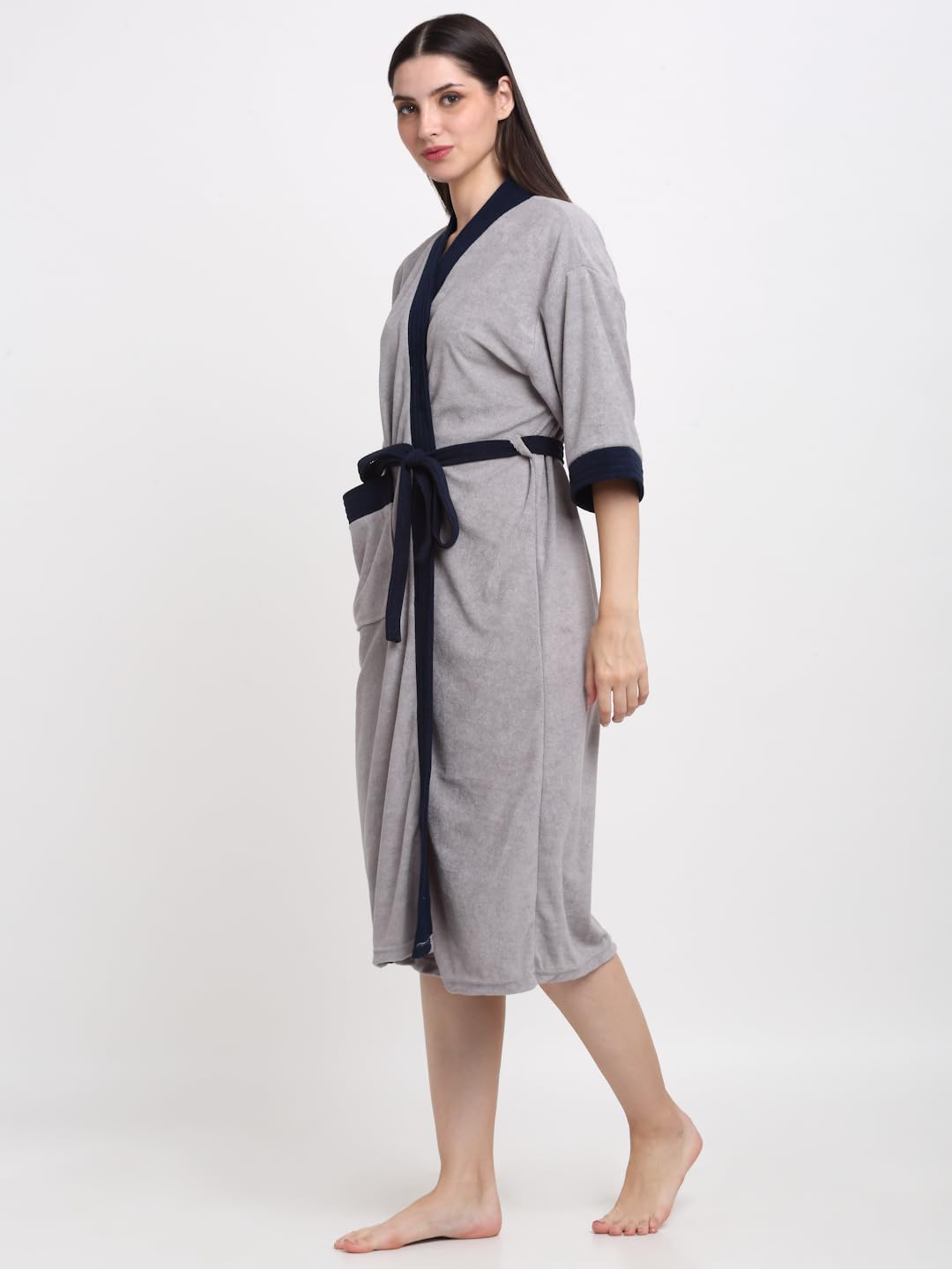 CREEVA Everyday Unisex Micro Terry Bathrobe Collection With kimono collar and 1 Pocket, 3/4 Sleeve Bath Robe Super Soft Light Weight - Grey & Navy - Image 2 thumbnail