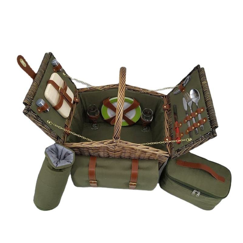 Classical Wicker Picnic Basket Set for 2 with Blanket - The Ultimate Outdoor Dining Experience for Couples, Great for Camping, Parties, Weddings and Valentine's Day (Basket Set for 2)