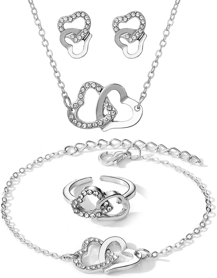 FDEETY 4 Stück Doppelherz Schmuckset Halskette Ohrringe Armband Ring Kristall Damen Schmuck Herzanhänger Hochwertig Elegant Schmuckkollektion