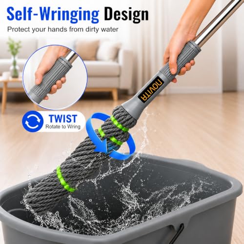 Image of Novita Self-Wringing Twist Mop - Easy Squeeze Floor Cleaner with 360 Degree Rotation, Extendable Stainless Steel Long Handle & Super Absorbent Microfiber Heads for Cleaning