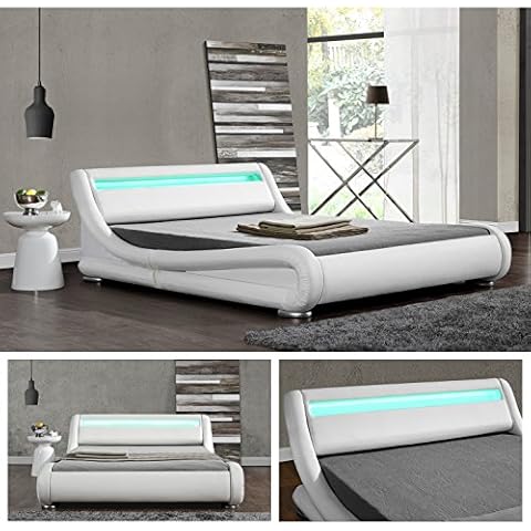 Di-Nesh Diablo Weiss LED Doppelbett Polsterbett Bettgestell Bett Lattenrost Kunstleder Cover