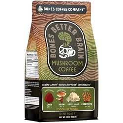 Bones Coffee Company Better Brain Mushroom Coffee Dark Roast Low Acid Arabica Coffee with Mushroom Blend for Energy, Focus, Digestion and Immunity Support, Vegan & Keto-Friendly, 10 oz Ground