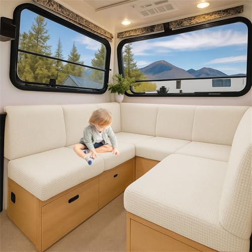 ZGDDPZA Housse de Coussin Banquette Camping-Car & Caravane, Couvre-Siège Stretch Antidérapant en Jacquard pour Dinette et Banquette Intérieure (Beige,L...