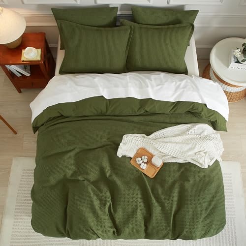 SE SOFTEXLY Waffle Duvet Cover King, 100% Cotton Waffle Weave Bedding Duvet Cover Set, Soft and Breathable Comforter Cover for All Season, 3 Pieces Including Pillow Shams(Green, 104”x90”)