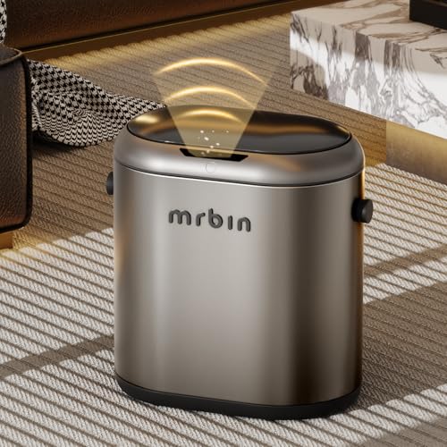 Image of MRBIN Automatic Adsorption Metal Trash Can for Bathroom, Touchless Garbage Bin with Lid, 3.2 Gallon Slim Trash Can for Office and Bedroom, Electric Motion Sensor Waste Basket, Eclipse Grey
