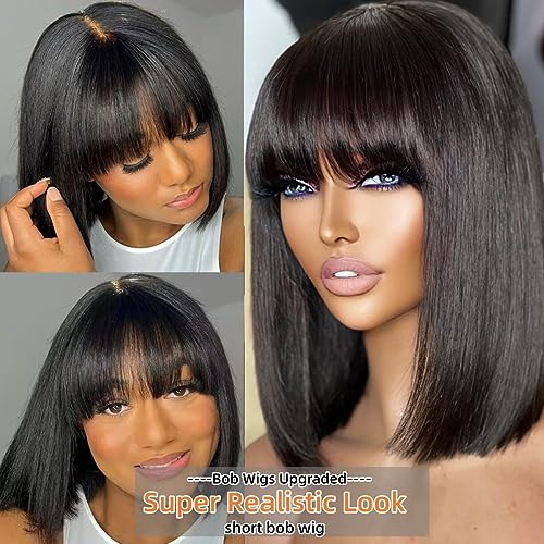 Short Bob Wigs Human Hair with Fringe 180% Density Bob Glueless for Women Upgraded 2x1Top Lace 100% Brazilian Virgin Human Hair Wigs with Bang 14 inches - Image 2