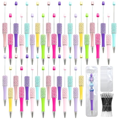 Image of 75 Pcs DIY Diamond Beadable Pen Kit - 25 Plastic Rhinestone Beaded Pens Bulk with Refills & Bags - Fancy Cute Glitter Pens for Crafting, Students & Teachers - School Supplies (Candy color)