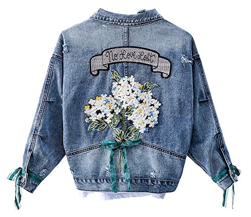 Kedera Womens Embroidered Flower Long Sleeve Cropped Boyfriend Denim Jean Jacket Blue