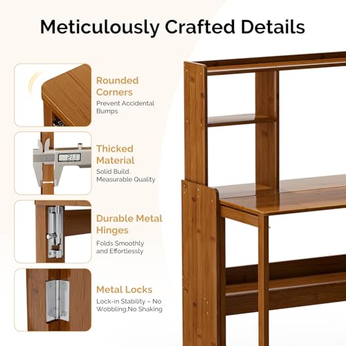 31.1" Bamboo Folding Desk with Bookshelf, Compact Computer Desk for Small Spaces, Foldable Study Table with Storage Shelf, Space-Saving Home Office Table for Bedroom, Dorm, Apartment,Brown - Image 6